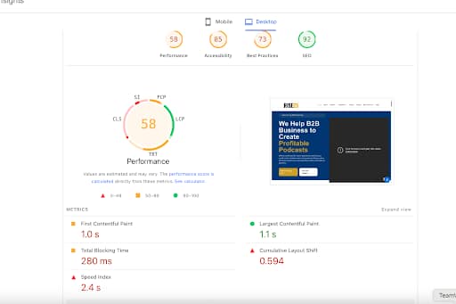 Rise25 PageSpeed score before optimization